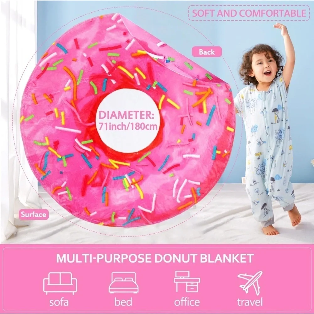 Giant Donut Throw Blanket, Double Sided, Pink, White, 71 inches